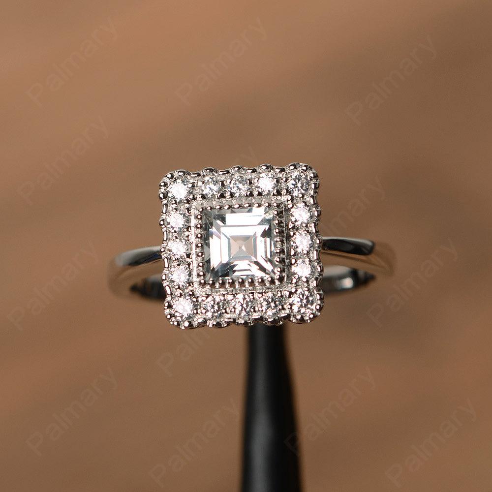 Square Cut White Topaz Halo Engagement Rings - Palmary