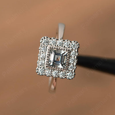 Square Cut White Topaz Halo Engagement Rings - Palmary