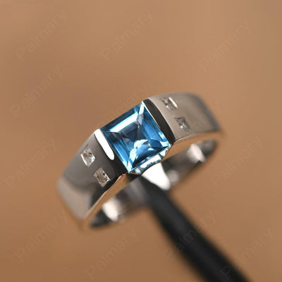 Square Cut Swiss Blue Topaz Ring For Men - Palmary