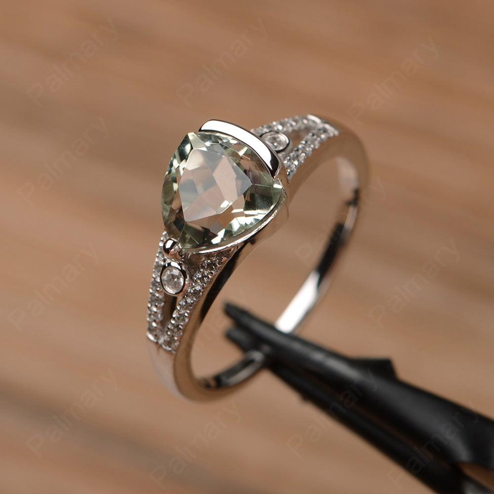 Trillion Cut Split Green Amethyst Wedding Rings - Palmary