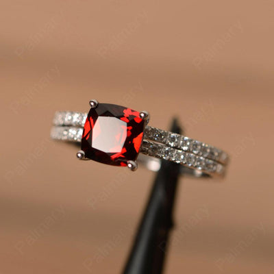 Cushion Cut Garnet Wedding Ring Set - Palmary