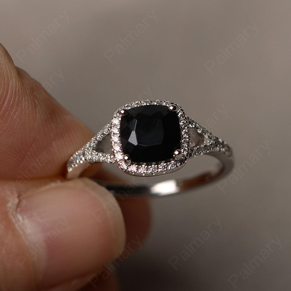 Cushion Cut Black Spinel Halo Engagement Rings - Palmary