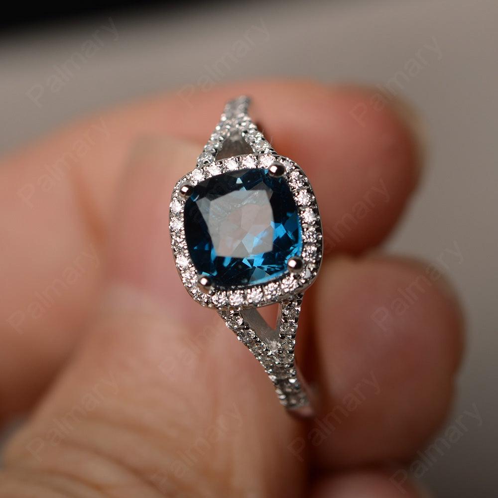 Cushion Cut London Blue Topaz Halo Engagement Rings - Palmary