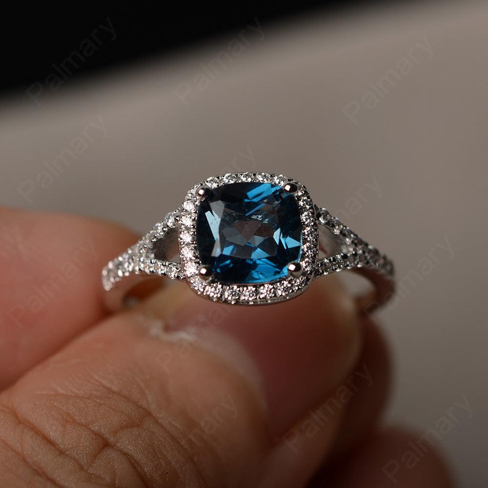 Cushion Cut London Blue Topaz Halo Engagement Rings - Palmary