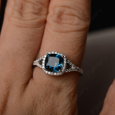 Cushion Cut London Blue Topaz Halo Engagement Rings - Palmary