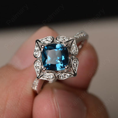 Cushion Cut London Blue Topaz Alternative Engagement Rings - Palmary