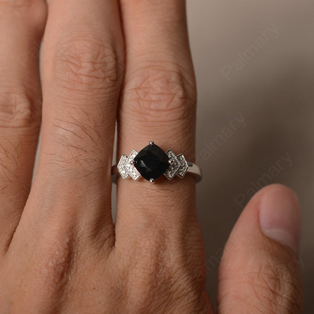 Cushion Cut Black Spinel Wedding Ring - Palmary