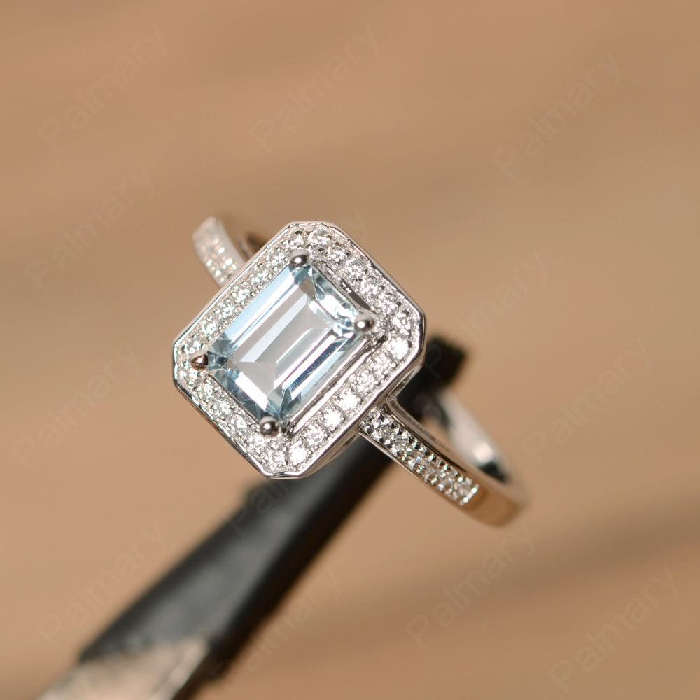 Emerald Cut Aquamarine Halo Rings - Palmary