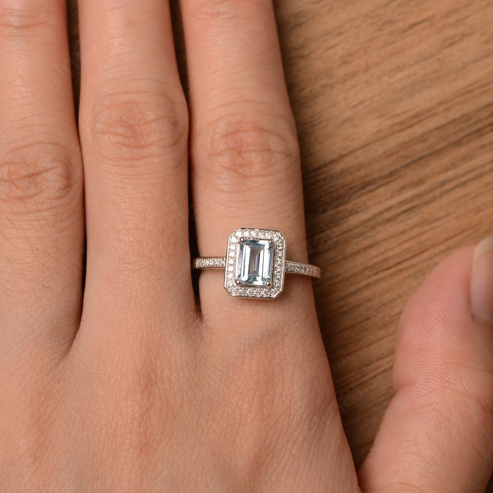 Emerald Cut Aquamarine Halo Rings - Palmary