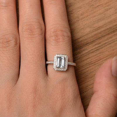 Emerald Cut Aquamarine Halo Rings - Palmary