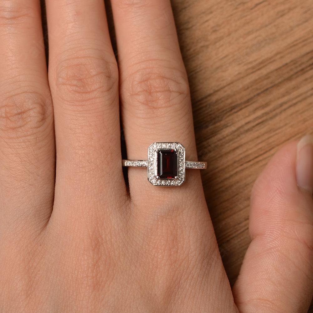 Emerald Cut Garnet Halo Rings - Palmary