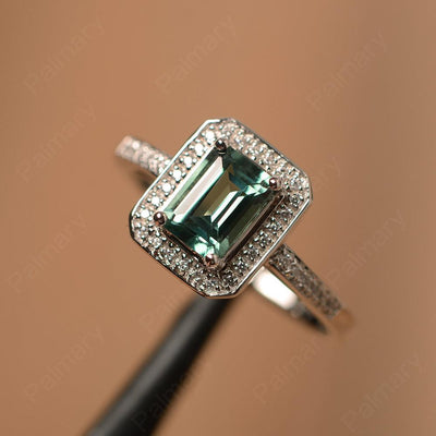 Emerald Cut Green Sapphire Halo Rings - Palmary