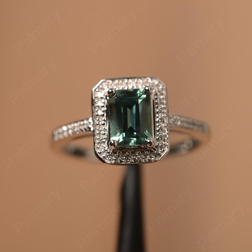 Emerald Cut Green Sapphire Halo Rings - Palmary