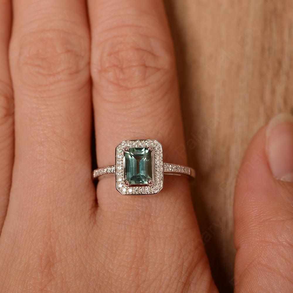 Emerald Cut Green Sapphire Halo Rings - Palmary