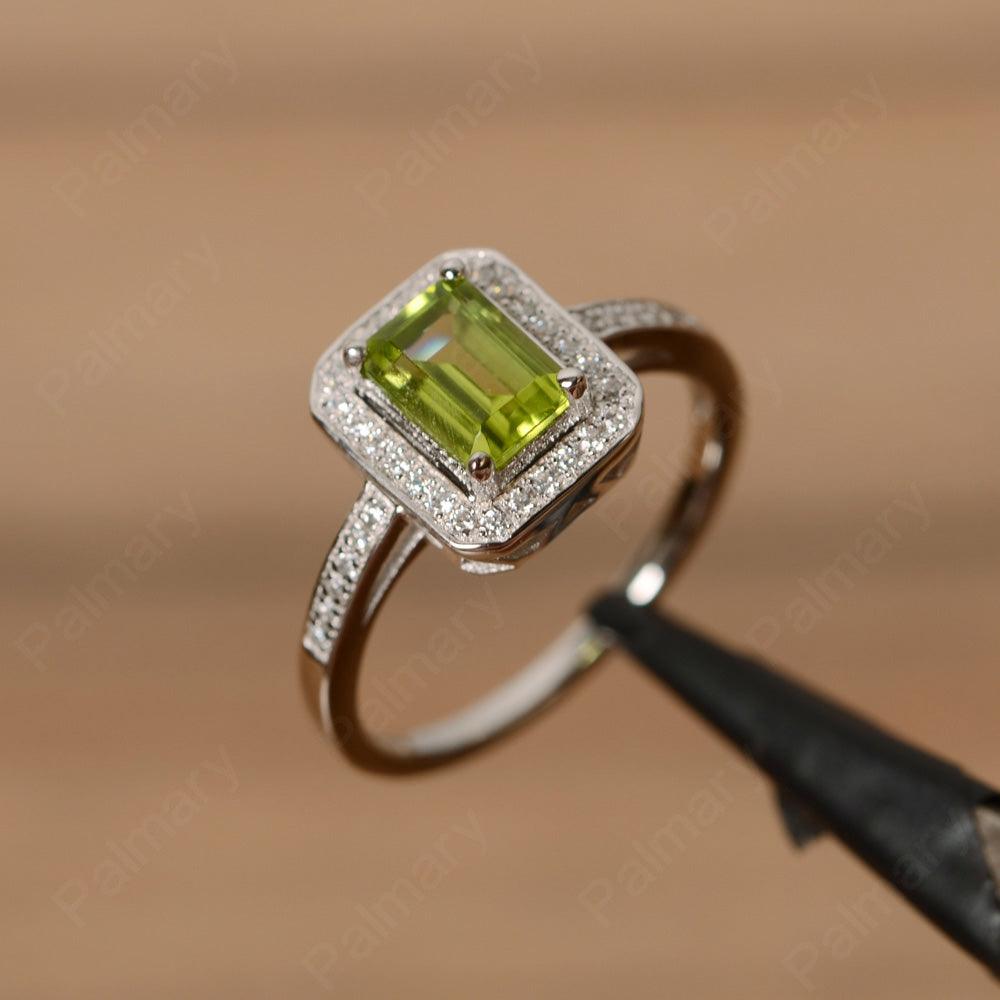 Emerald Cut Peridot Halo Rings - Palmary