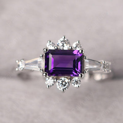 East West Emerald Cut Amethyst Ring Silver - Palmary