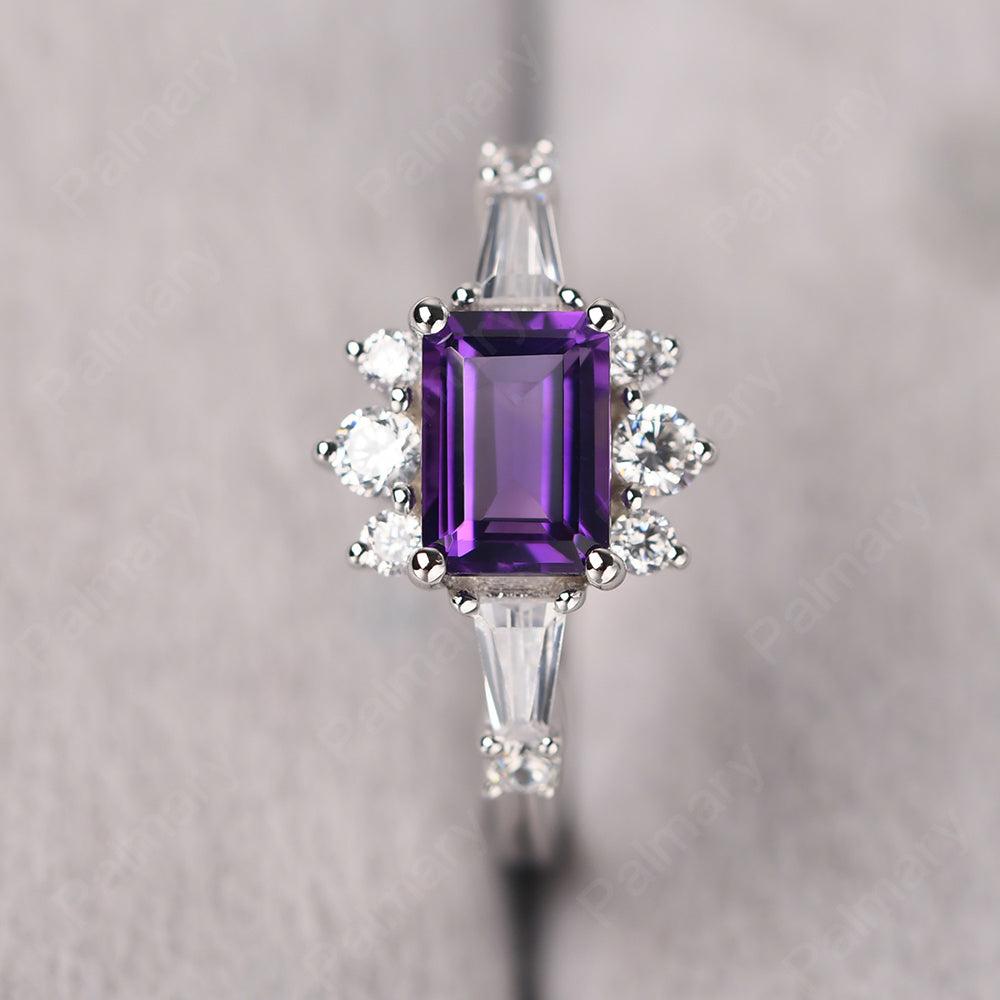 East West Emerald Cut Amethyst Ring Silver - Palmary