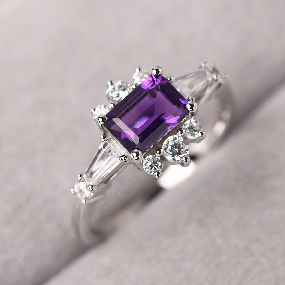 East West Emerald Cut Amethyst Ring Silver - Palmary