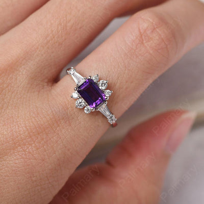 East West Emerald Cut Amethyst Ring Silver - Palmary