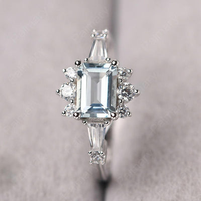 East West Emerald Cut Aquamarine Ring Silver - Palmary