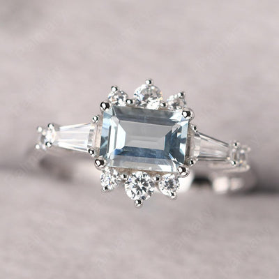 East West Emerald Cut Aquamarine Ring Silver - Palmary