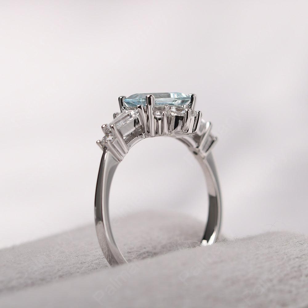 East West Emerald Cut Aquamarine Ring Silver - Palmary