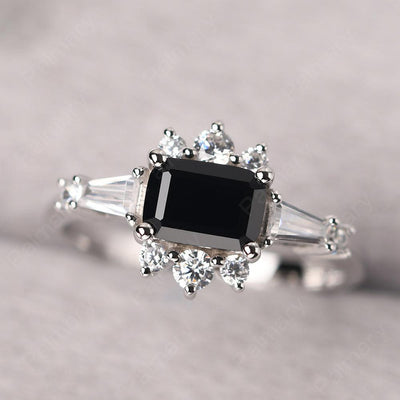 East West Emerald Cut Black Spinel Ring Silver - Palmary