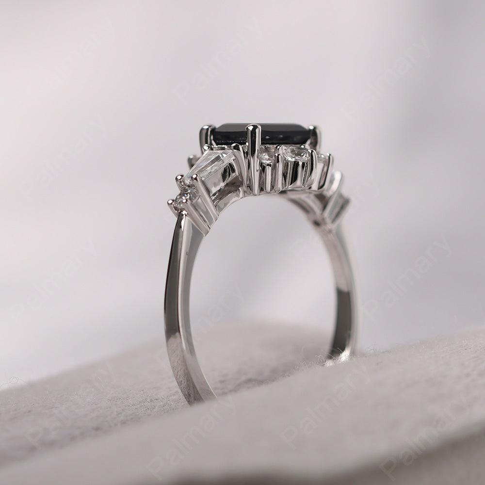 East West Emerald Cut Black Spinel Ring Silver - Palmary