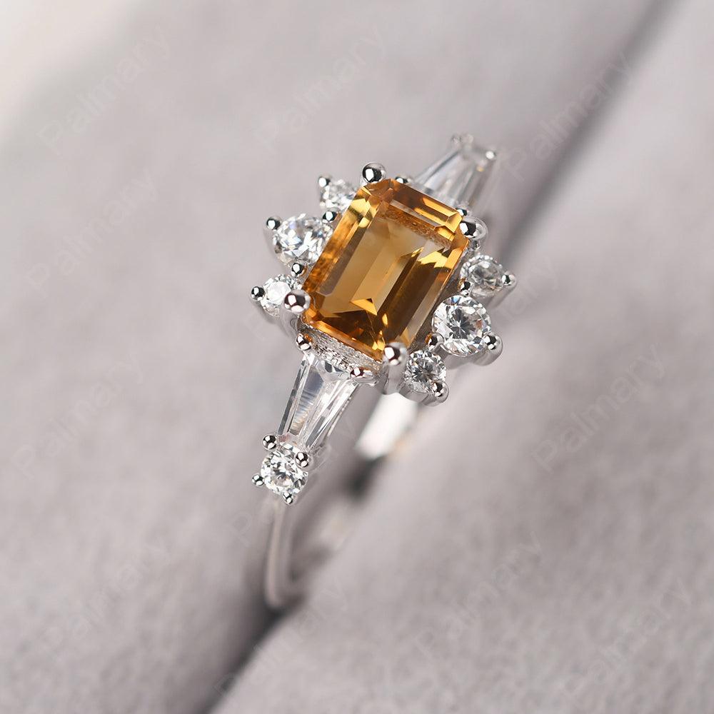 East West Emerald Cut Citrine Ring Silver - Palmary