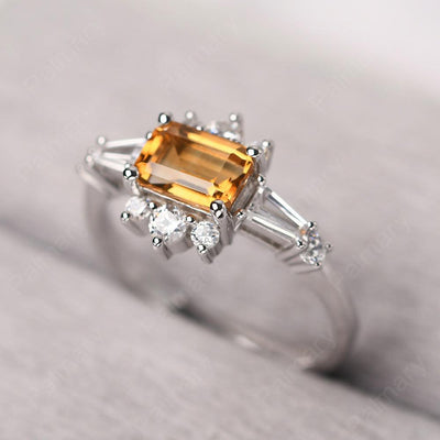 East West Emerald Cut Citrine Ring Silver - Palmary