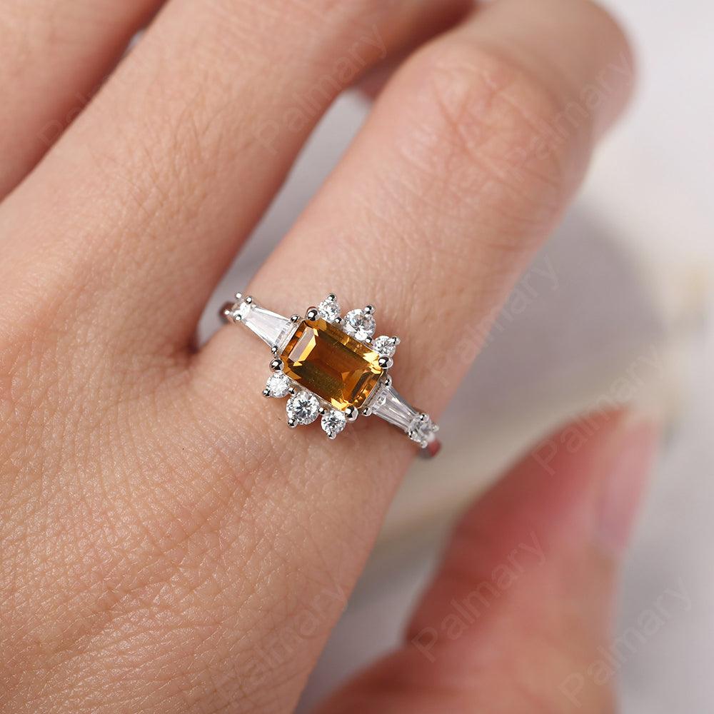 East West Emerald Cut Citrine Ring Silver - Palmary