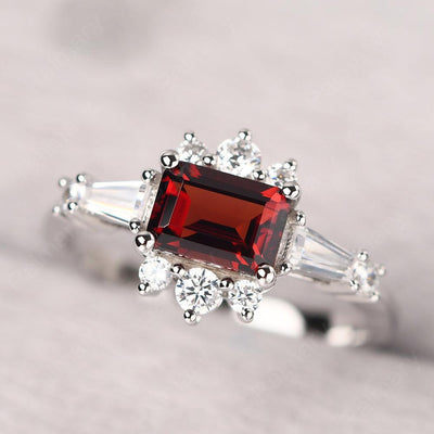 East West Emerald Cut Garnet Ring Silver - Palmary