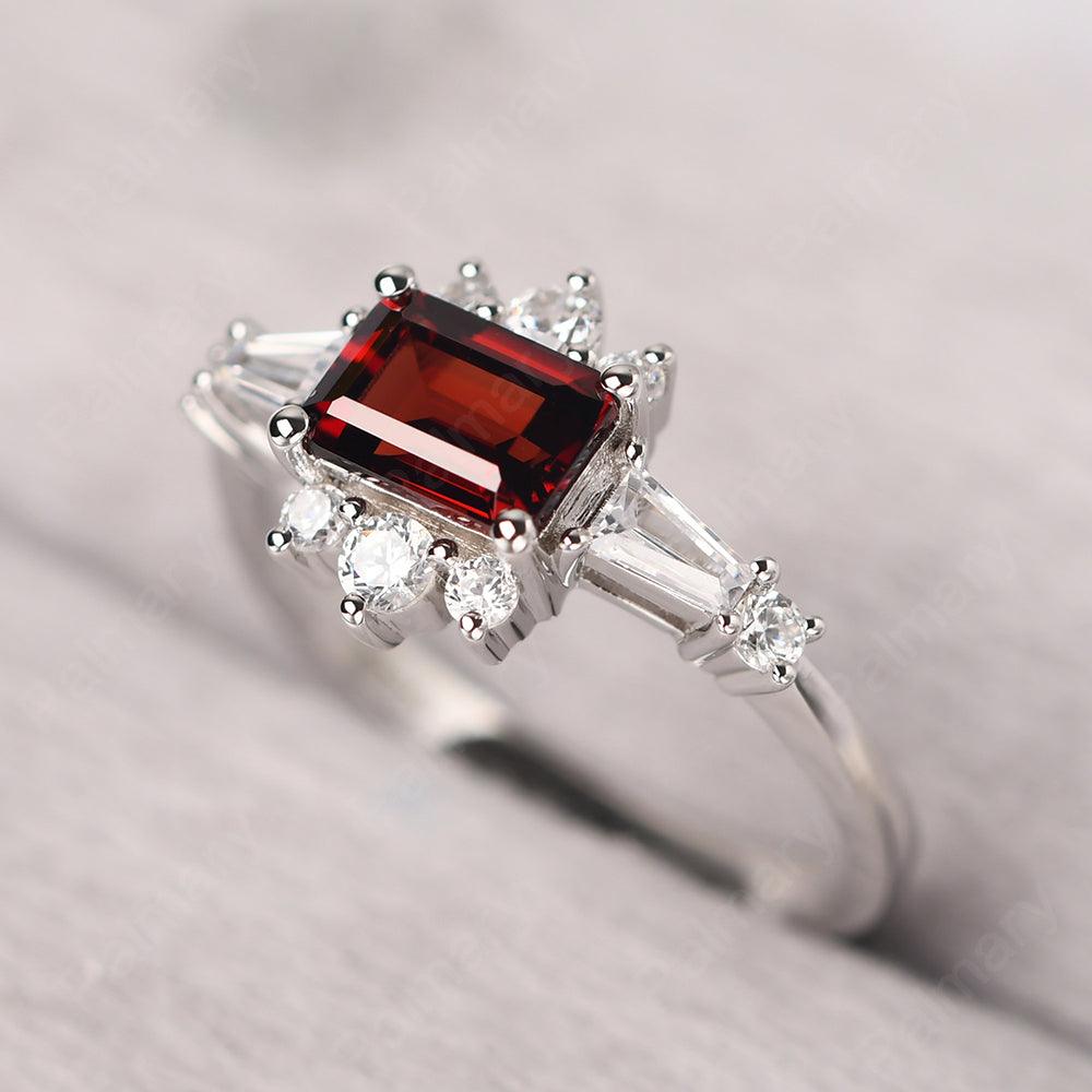 East West Emerald Cut Garnet Ring Silver - Palmary