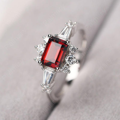 East West Emerald Cut Garnet Ring Silver - Palmary
