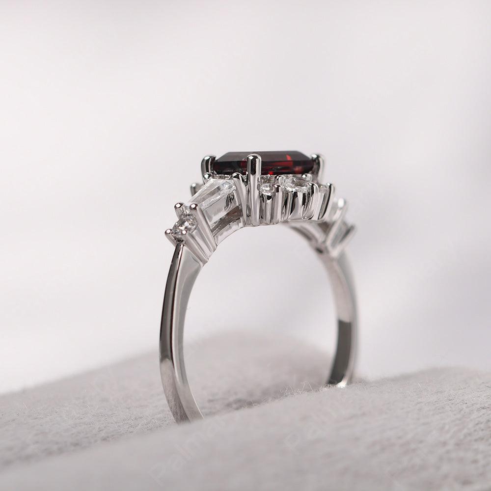 East West Emerald Cut Garnet Ring Silver - Palmary