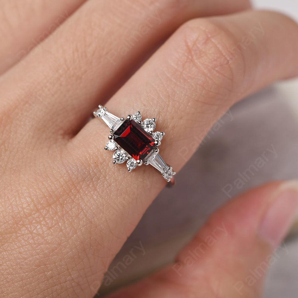 East West Emerald Cut Garnet Ring Silver - Palmary
