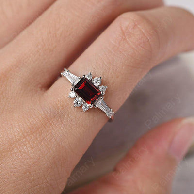 East West Emerald Cut Garnet Ring Silver - Palmary