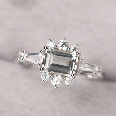 East West Emerald Cut Green Amethyst Ring Silver - Palmary