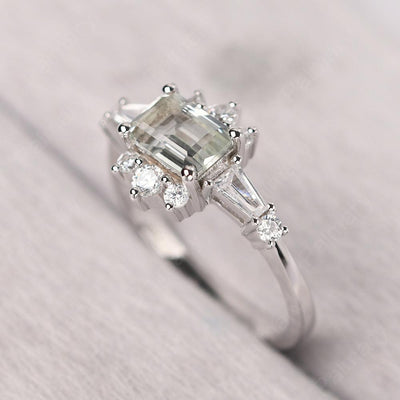 East West Emerald Cut Green Amethyst Ring Silver - Palmary