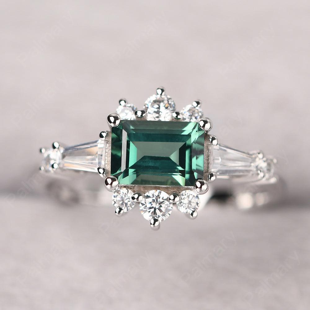 East West Emerald Cut Green Sapphire Ring Silver - Palmary