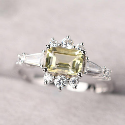 East West Emerald Cut Lemon Quartz Ring Silver - Palmary