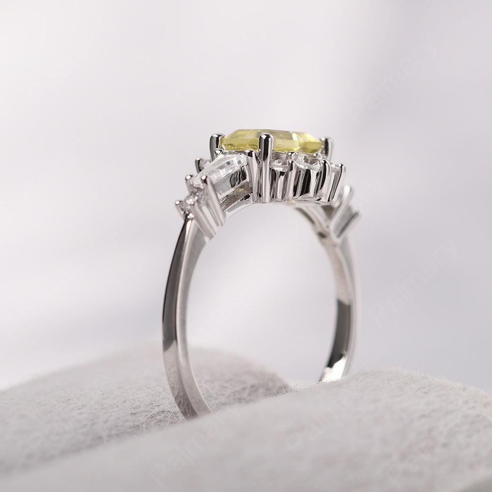 East West Emerald Cut Lemon Quartz Ring Silver - Palmary