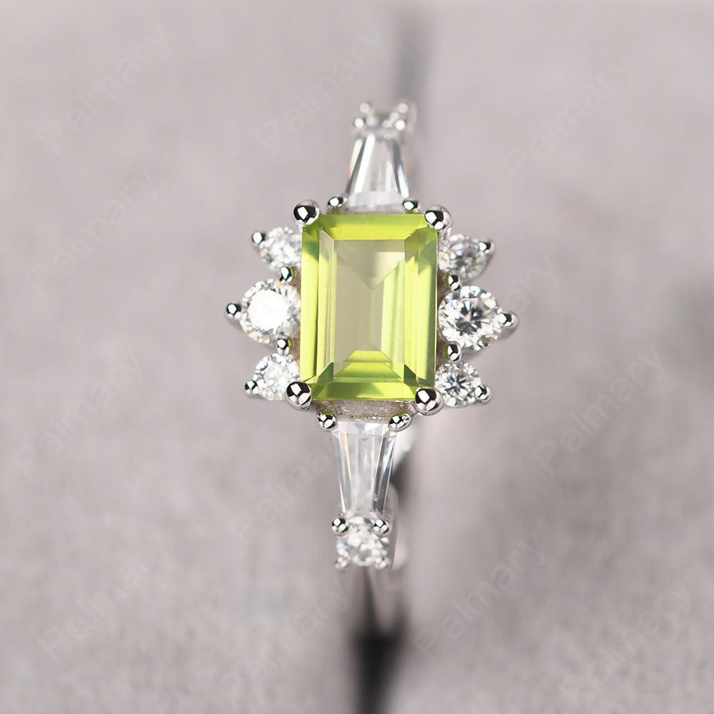 East West Emerald Cut Peridot Ring Silver - Palmary