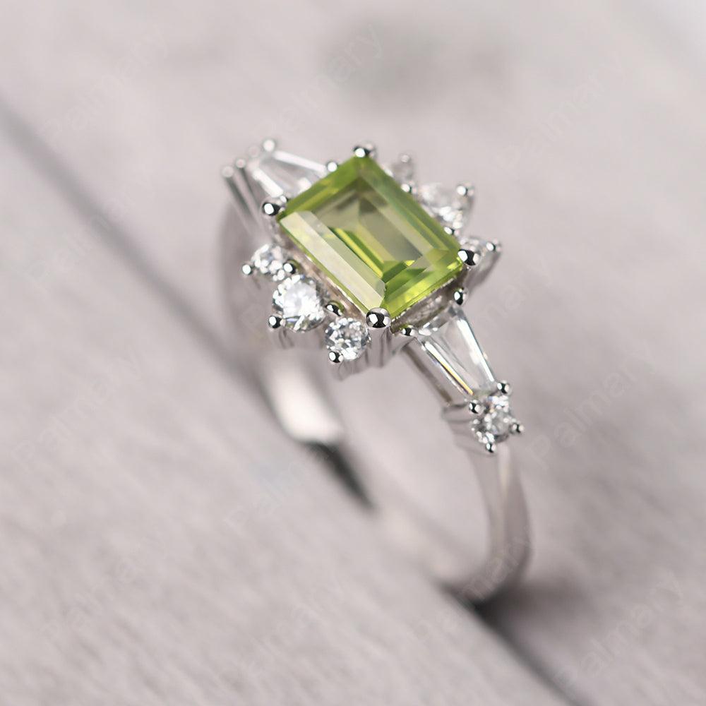 East West Emerald Cut Peridot Ring Silver - Palmary