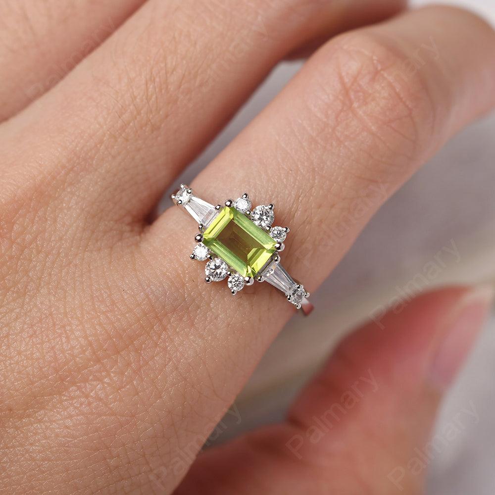 East West Emerald Cut Peridot Ring Silver - Palmary