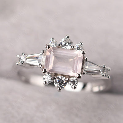 East West Emerald Cut Rose Quartz Ring Silver - Palmary