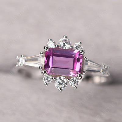 East West Emerald Cut Pink Sapphire Ring Silver - Palmary