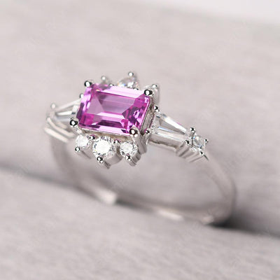 East West Emerald Cut Pink Sapphire Ring Silver - Palmary