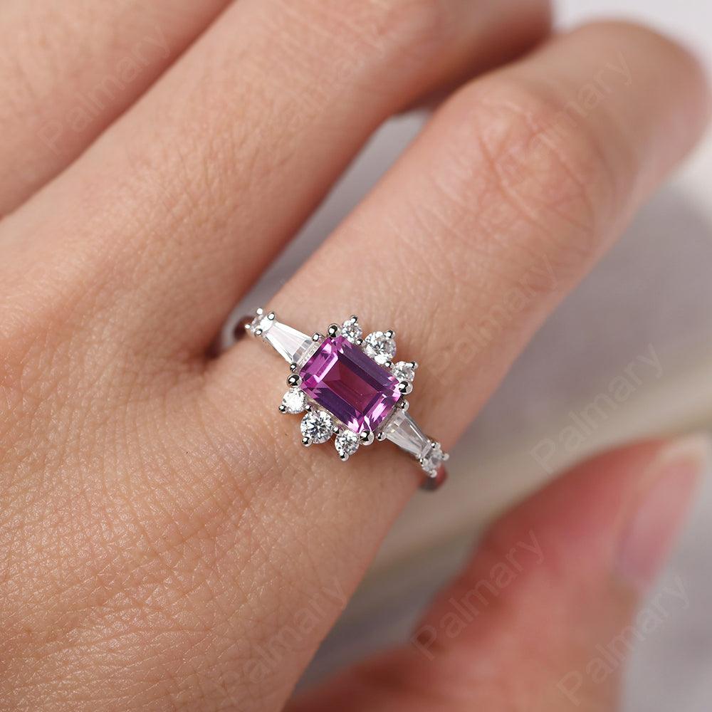East West Emerald Cut Pink Sapphire Ring Silver - Palmary