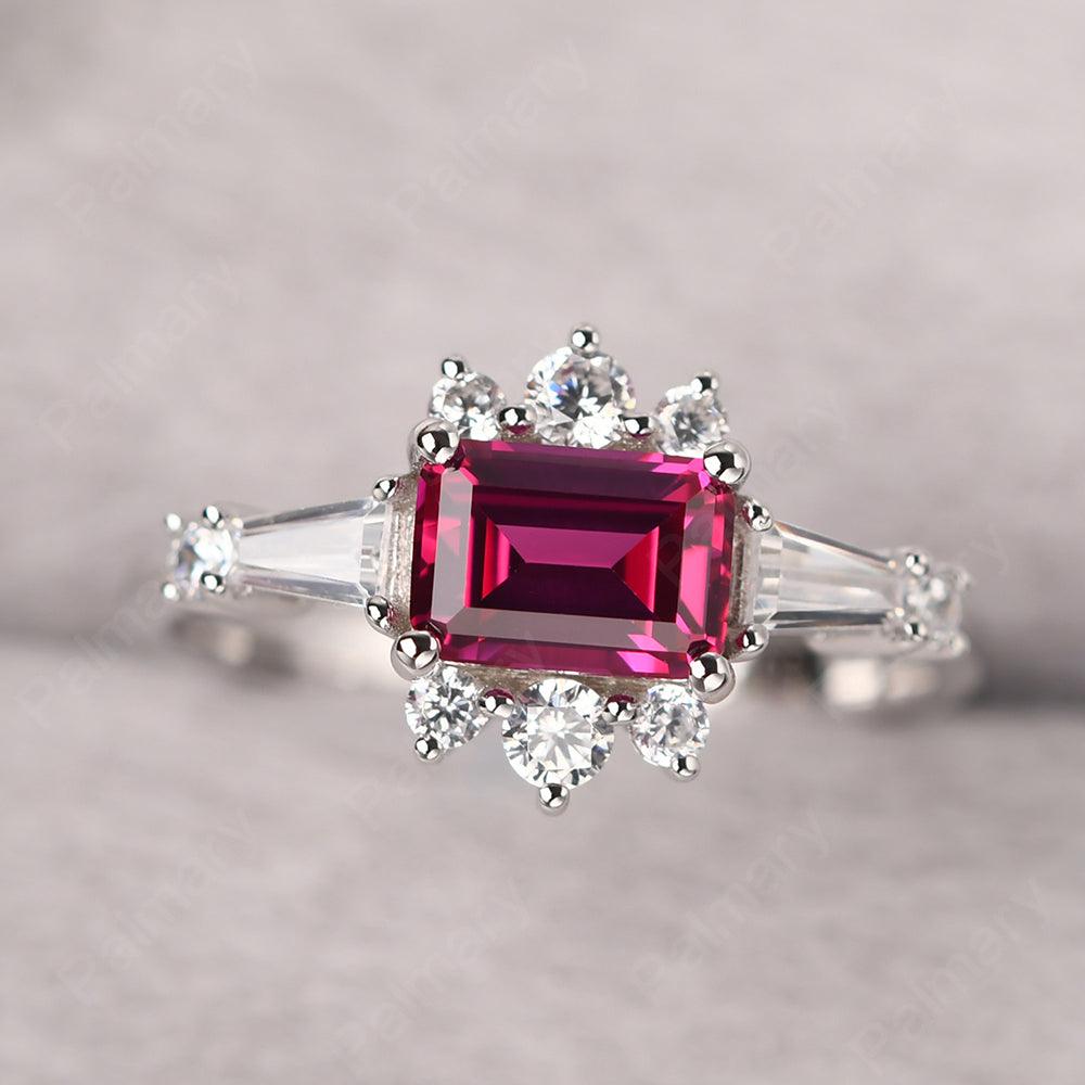 East West Emerald Cut Ruby Ring Silver - Palmary